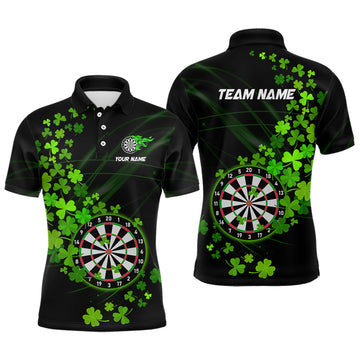 Maxcorners Green Shamrock Lucky Darts Polo, Quarter-Zip Shirts For Men Custom St Patrick Day Dart Team Jerseys