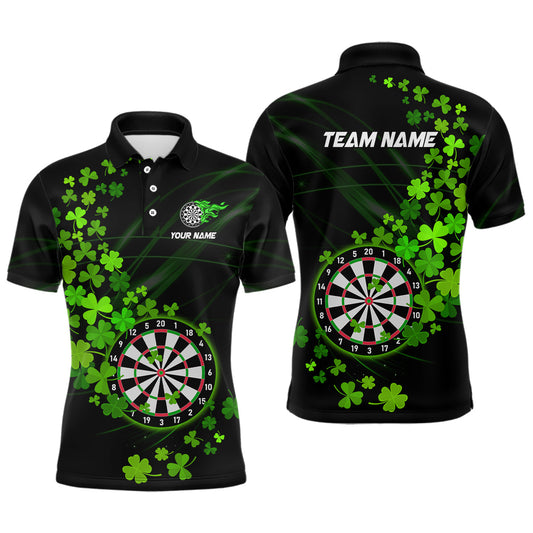 Maxcorners Green Shamrock Lucky Darts Polo, Quarter-Zip Shirts For Men Custom St Patrick Day Dart Team Jerseys
