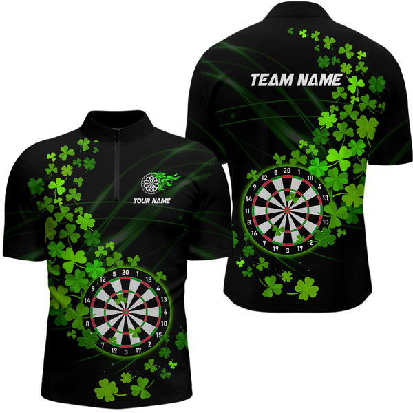 Maxcorners Green Shamrock Lucky Darts Polo, Quarter-Zip Shirts For Men Custom St Patrick Day Dart Team Jerseys Nqs9458