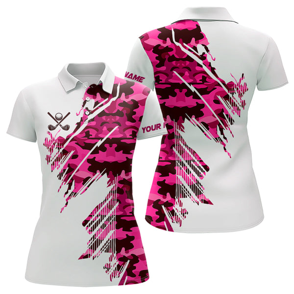 Maxcorners Personalized Mens golf polo shirts custom white and pink camo mens golf apparel, golfing gifts LM2707