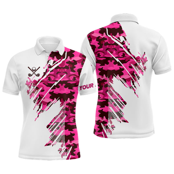 Maxcorners Personalized Mens golf polo shirts custom white and pink camo mens golf apparel, golfing gifts LM2707