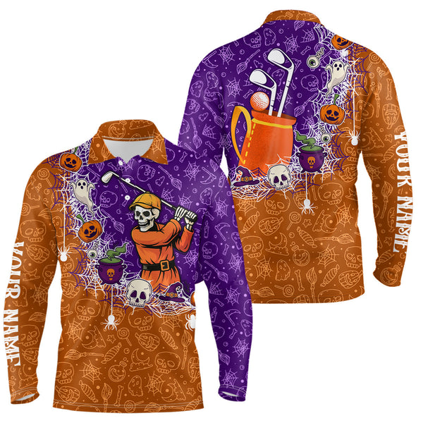 Maxcorners Halloween Skull Playing Golf Mens Golf Polo Shirt Custom Halloween golf outfit For Men Golf Gifts LM2707