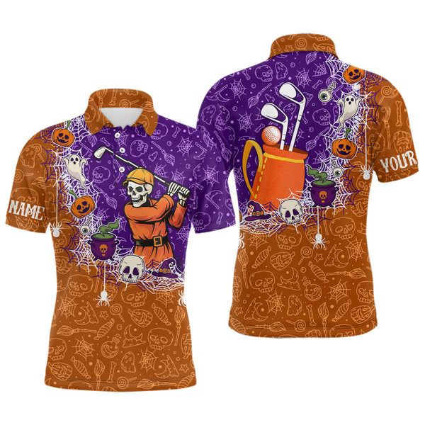 Maxcorners Halloween Skull Playing Golf Mens Golf Polo Shirt Custom Halloween golf outfit For Men Golf Gifts LM2707