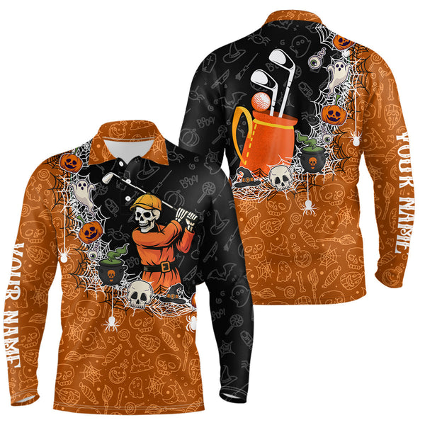 Maxcorners Halloween Skull Playing Golf Mens Golf Polo Shirt Custom black and orange Halloween mens golf outfit LM2707