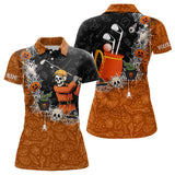 Maxcorners Halloween Skull Playing Golf Mens Golf Polo Shirt Custom black and orange Halloween mens golf outfit LM2707