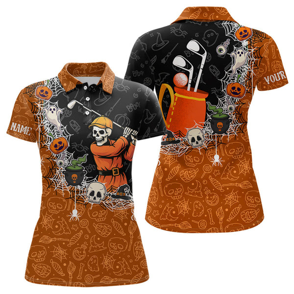 Maxcorners Halloween Skull Playing Golf Mens Golf Polo Shirt Custom black and orange Halloween mens golf outfit LM2707