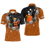 Maxcorners Halloween Skull Playing Golf Mens Golf Polo Shirt Custom black and orange Halloween mens golf outfit LM2707