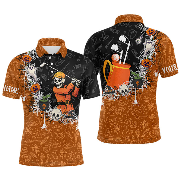 Maxcorners Halloween Skull Playing Golf Mens Golf Polo Shirt Custom black and orange Halloween mens golf outfit LM2707