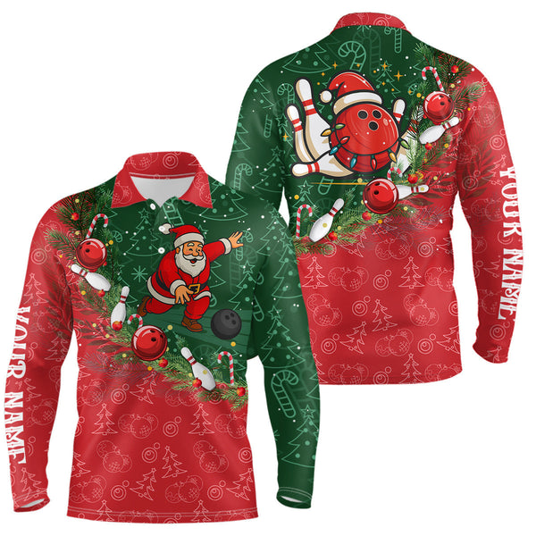 Maxcorners Christmas Santa Mens Bowling Polo, Quarter Zip Shirt Custom Christmas Team Bowling outfit For Men LM2707