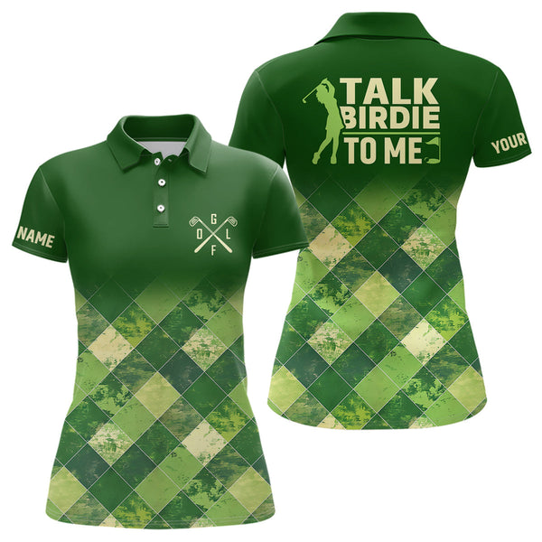 Maxcorners Funny Womens Golf Polo Shirt Custom Green Argyle Pattern Golf Shirts For Ladies Talk Birdie To Me