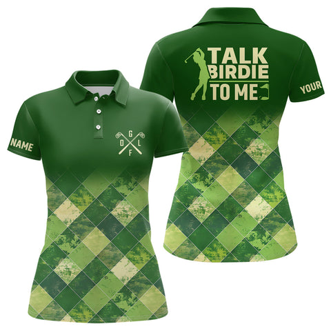 Maxcorners Funny Womens Golf Polo Shirt Custom Green Argyle Pattern Golf Shirts For Ladies Talk Birdie To Me