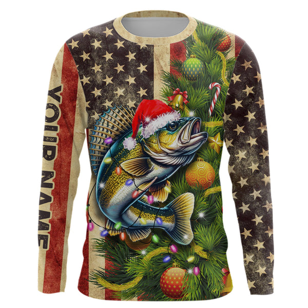 Maxcorners Personalized Christmas Walleye fishing American flag patriotic Performance long sleeve Fishing Shirts MT2108
