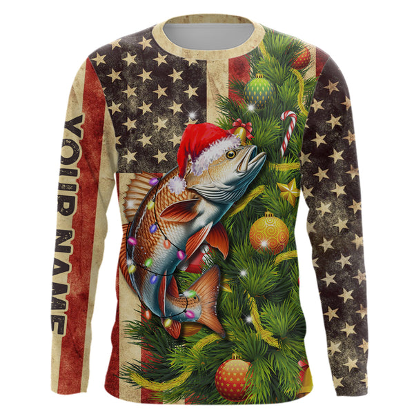 Maxcorners Personalized Christmas Redfish fishing American flag patriotic Performance long sleeve Fishing Shirts MT2108