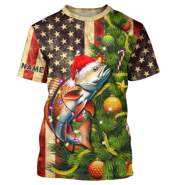 Maxcorners Personalized Christmas Redfish fishing American flag patriotic Performance long sleeve Fishing Shirts MT2108