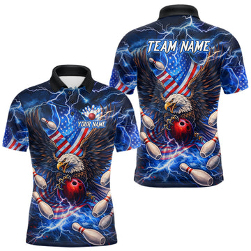 Maxcorners US Flag Eagle Bowling Shirts for Men Custom Blue Lightning Thunder Patriotic Team Bowling Jerseys LM2901