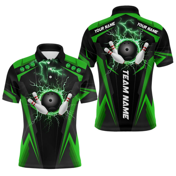 Maxcorners Black Men bowling Polo, Quarter Zip shirt Custom lightning thunder team league bowling jersey | Green LM0803
