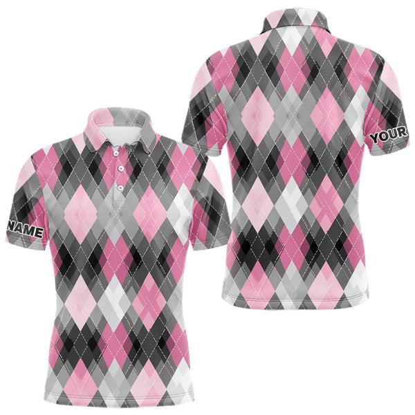 Maxcorners Pink argyle pattern Mens golf polo shirt custom best team golf shirts, golfing gifts MT0708