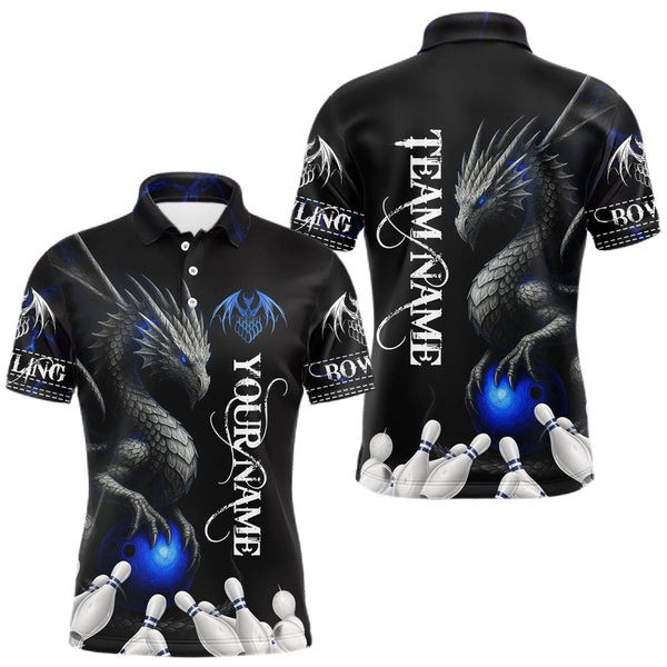 Maxcorners Black And Blue Dragon Bowling Polo, 1/4 Zip Shirt For Men Custom Dragon Bowling Team League Jersey LM1109