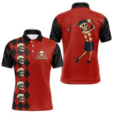 Maxcorners Red and Black argyle pattern Skull Golf Polo Shirts for men Custom mens golf outfit, funny golf gifts MT1007