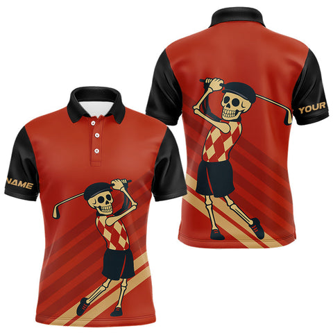 Maxcorners Funny argyle pattern Skull Golf Polo Shirts for men Custom mens golf attire, cool golf gifts | Red MT1007