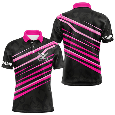 Maxcorners Pink and Black ribbon pattern Men golf polo shirts Custom breast cancer golf attire for men LM2206
