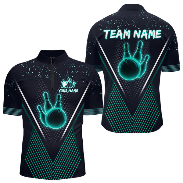 Maxcorners Bowling polo, quarter zip shirt for Men custom team bowling jersey, gift for bowlers | Turquoise LM1307