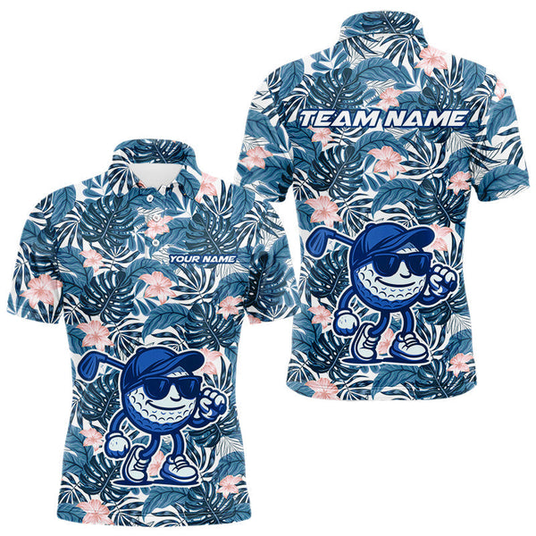Maxcorners Blue tropical leaf pattern pink flower funny Golf polo shirts For Men Custom mens golf outfits  LM2206