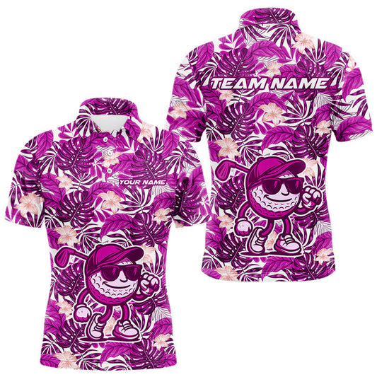 Maxcorners Pink tropical flower leaf pattern funny Golf polo shirts For Men Custom mens golf outfits LM2206