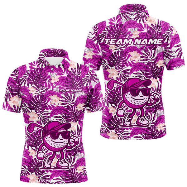 Maxcorners Pink tropical flower leaf pattern funny Golf polo shirts For Men Custom mens golf outfits LM2206