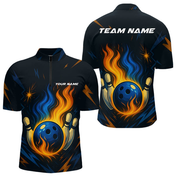 Maxcorners Blue and Yellow Flame Bowling shirts for Men custom bowling team jerseys for mens bowler LM1307