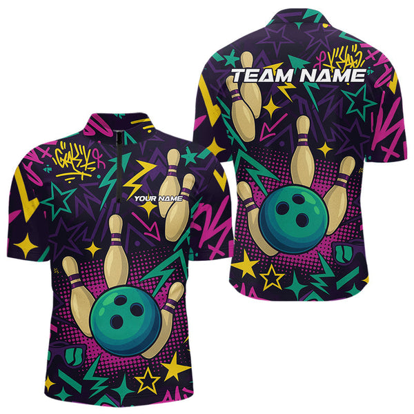 Maxcorners Custom purple graffiti pattern funny Bowling shirts for Men, bowling team league jerseys with Name LM1307