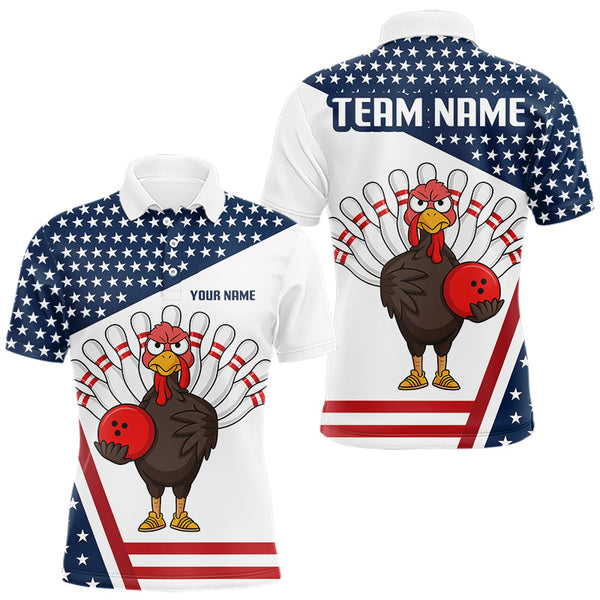 Maxcorners American Flag Funny Turkey Bowling Polo, 1/4 Zip shirts for Men custom patriotic bowling team jersey