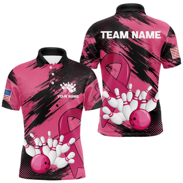 Maxcorners Black and Pink ribbon Bowling shirts for Men Custom breast cancer American flag bowling team jersey MT2306