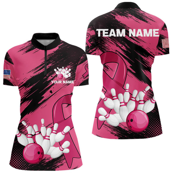 Maxcorners Black and Pink ribbon Bowling shirts for Men Custom breast cancer American flag bowling team jersey MT2306