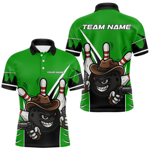 Maxcorners Funny Cowboy gun bowling ball and pins Bowling shirt for Men Custom bowling team jersey | Green TU1609