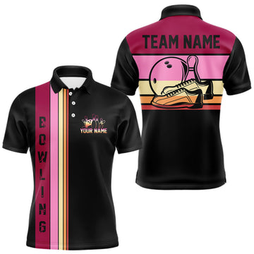 Maxcorners Black and Pink Retro Bowling Polo, Quarter Zip Shirts for Men Custom Team Bowling League Jerseys LM1203