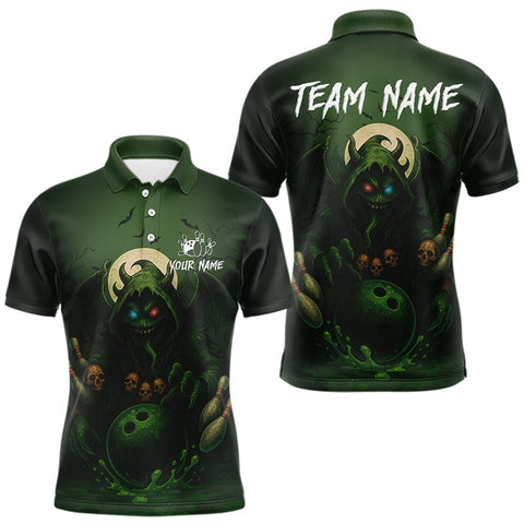 Maxcorners Personalized Green Reaper Skull Halloween Bowling Shirts For Men Custom Halloween Bowling Team jersey MT2407