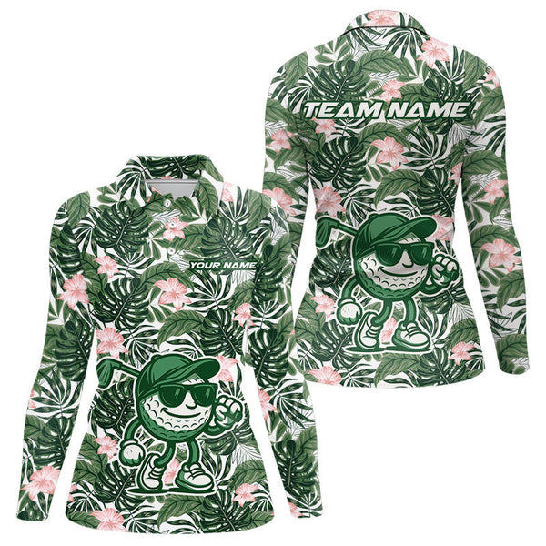 Maxcorners Green tropical leaf pattern pink flower funny Golf polo shirts For Men Custom mens golf outfitsMT0306
