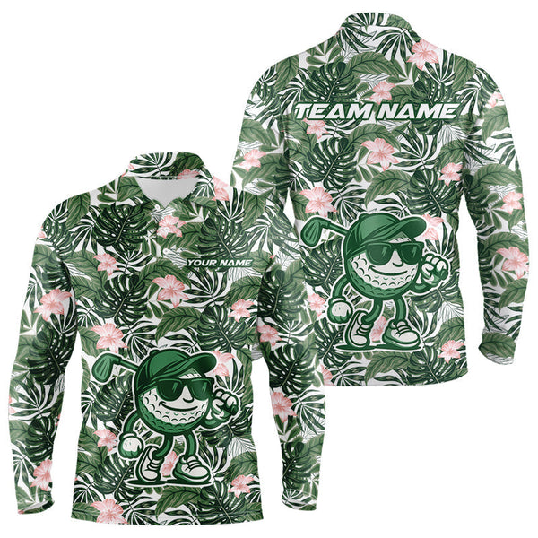 Maxcorners Green tropical leaf pattern pink flower funny Golf polo shirts For Men Custom mens golf outfitsMT0306