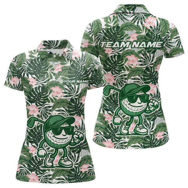 Maxcorners Green tropical leaf pattern pink flower funny Golf polo shirts For Men Custom mens golf outfitsMT0306