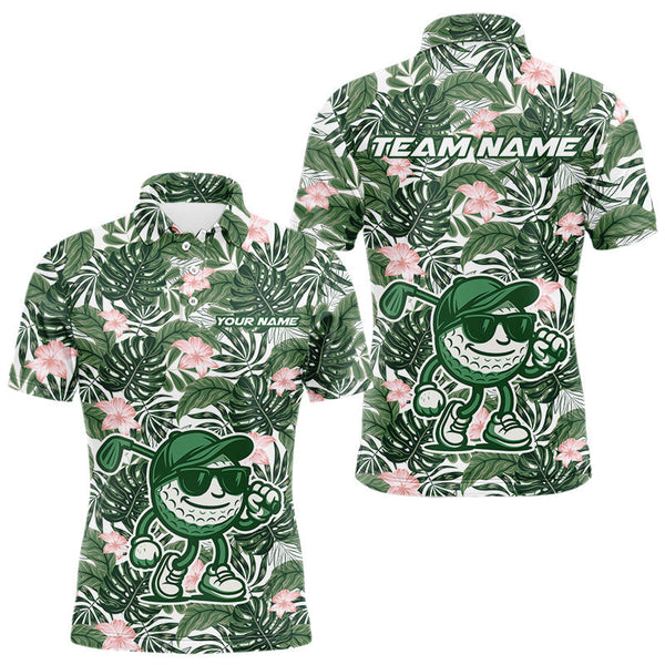 Maxcorners Green tropical leaf pattern pink flower funny Golf polo shirts For Men Custom mens golf outfitsMT0306