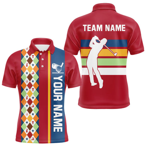 Maxcorners Retro colorful argyle pattern Men golf polo shirt custom Team Golf Outfits for mens | Red MT2407