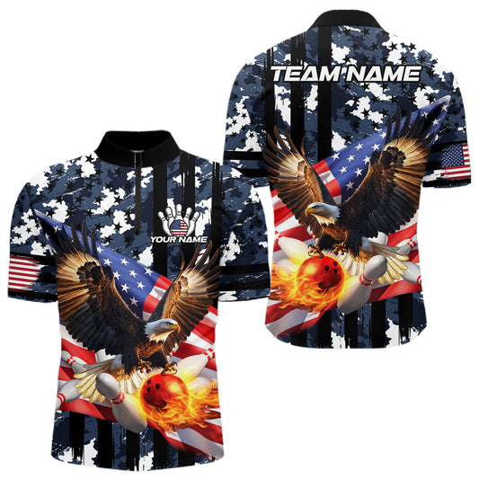 Maxcorners Blue Camo American Flag Eagle Flame Bowling Shirts For Men Custom Patriotic Bowling Team Shirts LM2608