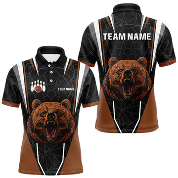 Maxcorners Personalized Bear Bowling Polo, Quarter Zip Shirts For Men, Bear Bowling Team Brown League Jersey LM2707