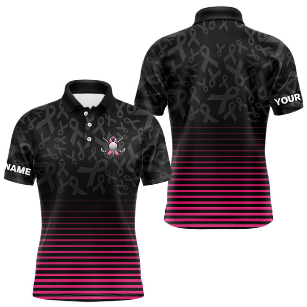 Maxcorners Pink and black Ribbons Pattern Mens Golf Polo Shirts Custom Breast cancer awareness Team Golf attire MT2808