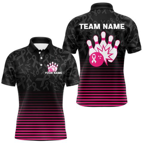Maxcorners Pink and black Ribbons Pattern Bowling Shirts For Men Custom Breast cancer Team Bowler Jersey LM1109