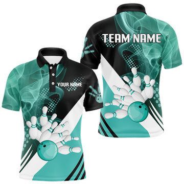 Maxcorners Mens bowling polo, 1/4 zip shirts Custom cyan blue smoke bowling team jerseys, gift for Bowlers MT1006