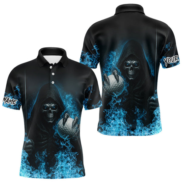 Maxcorners Blue Flame Skull reaper Mens Golf polo shirts custom golf top for men, best golf gifts LM0803