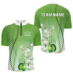 Maxcorners Mens bowling polo, quarter zip shirts Custom bowling team jerseys, gift for Bowlers Green LM1008