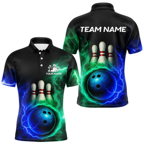 Maxcorners Blue and Green Lightning thunder Black Bowling Shirts For Men custom Bowling Team Jerseys LM0803